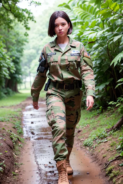 (sfw), 8k, RAW photo, Fujifilm eterna style photo, (backlit photography), muddy jungle, (dawn:1.2), facing viewer, full body portrait, an American woman wearing (dirty:1.2) commando (military uniform:1.2) , pants, army boots, walking, detailed eyes, (highly detailed skin:1.4), highly detailed hair, slender body, soft lighting, (short hair:1.3), (angry serious face:1.1), face (covered with dirt:1.2)