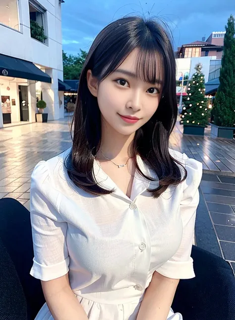 (8k, best quality, masterpiece:1.2), (realistic, photo-realistic:1.37), ultra-detailed, 1 girl,cute, solo,beautiful detailed sky,detailed cafe,night,sitting,dating,(nose blush),(smile:1.15),(closed mouth) small breasts,beautiful detailed eyes,(collared shirt:1.1), night, wet,business attire, rain,white lace, (short hair:1.2),floating hair NovaFrogStyle,