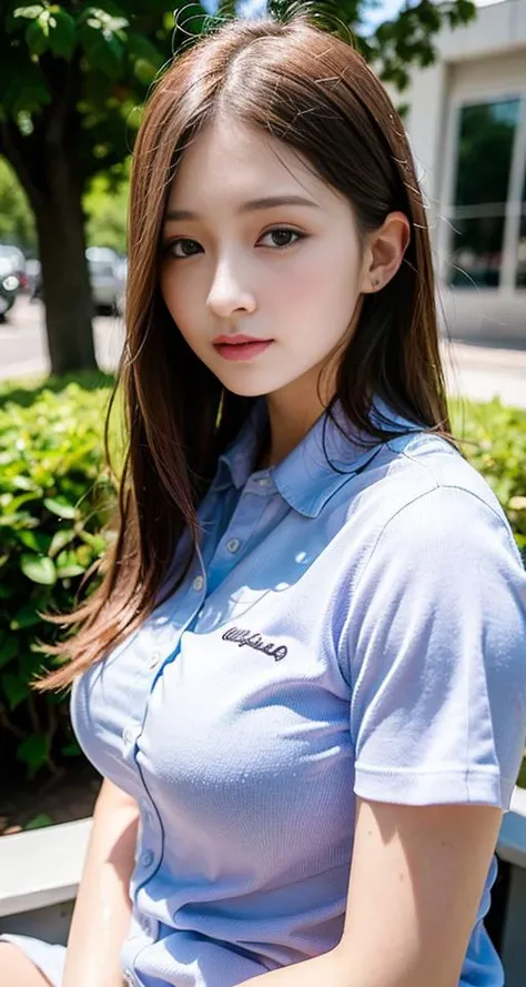 NSFW, (8k, best quality, masterpiece:1.2), (realistic, photo-realistic:1.37), ultra-detailed, 1 girl, cute, solo, beautiful detailed sky, flower in the back , day, sitting, dating, (nose blush), (smile:1.15), (closed mouth), small breasts, beautiful detailed eyes, (collared shirt:1.1), night, wet, business attire,Put hand on boobs, rain, white lace, gorgeous hair, air bangs, golden purple hair, floating hair NovaFrogStyle,