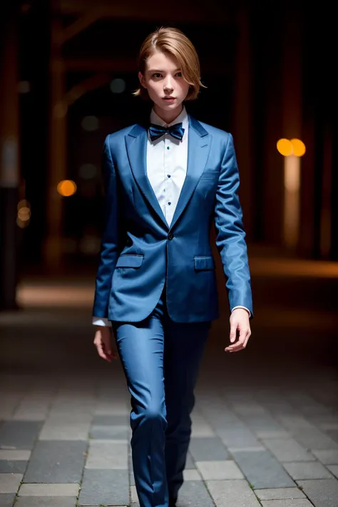 (sfw), 8k, RAW photo, Fujifilm eterna style photo, (backlit photography:1.1), (night:1.2), facing viewer, full body portrait, a beautiful swedish girl wearing business suit with bow tie, short hair, standing, evocative pose, detailed eyes, (highly detailed skin:1.4), highly detailed straight hair, slender body, bokeh, harsh lighting