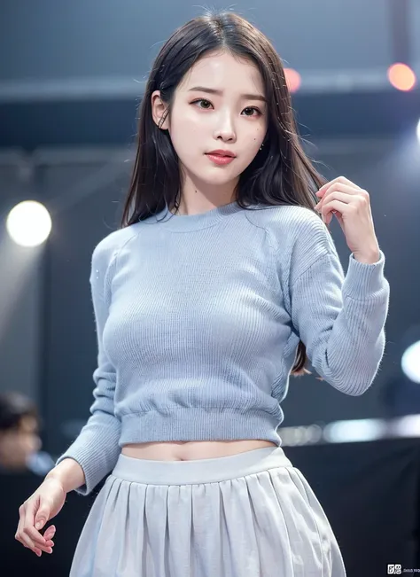 best quality, ultra high res, RAW photo, realistic, (solo), (photorealistic:1.4), a girl in blue sweater and grey skirt, dancing on an outdoor stage in a bright sunny day, the stage has no roof and has direct sunlight, she is looking at viewer, iu1, (iu), (lee ji eun), smile, small eyes, half-closed eyes, daytime, beautiful, masterpiece, extremely detailed face, perfect lighting, ultra detailed, bloom, (kpop idol), depth of field, small breasts