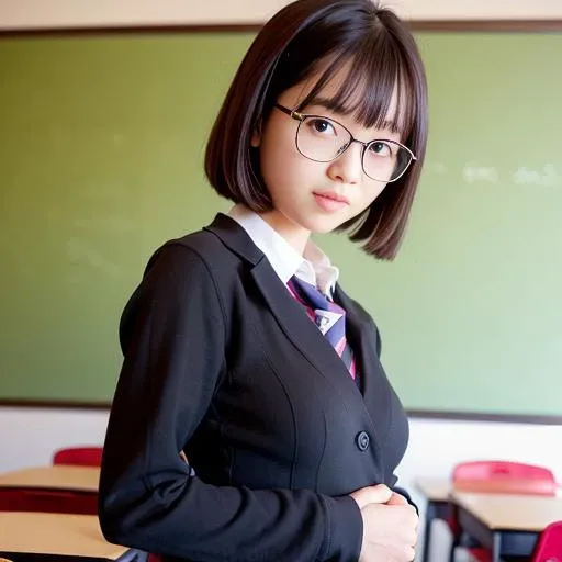 collared shirt,(Japanese high school students:1.4),best quality, ultra high res, (photorealistic:1.4), sharp focus, 1080p, nikon d750 f/1.4 55mm, (photorealistic:1.4), (pale skin:1.2), bangs, (1girl:1.4), (smile:1.2), black hair,(short bob:1.2),forehead,standing,sunglasses,16 years old, (pale skin),(aegyo sal:1.0), (small breasts:1.4),glasses, (classroom:1.4),