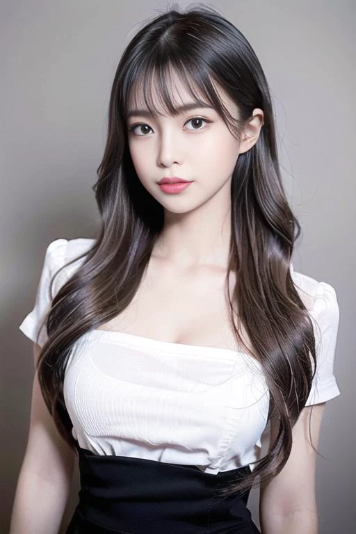 1girl,beautiful vintage color, instagram (photorealistic, high resolution:1.4), ((puffy eyes)), looking at viewer, , full body (8k, RAW photo, best quality, masterpiece:1.2), (realistic, photo-realistic:1.37),(sharp focus:1.2), professional lighting, photon mapping, radiosity, physically-based rendering, (pale skin:1.2),(small breasts:1.2), looking at viewer, (middle hair:1.5), portrait, purple eyes, (sliver hair:1.1),bangs, (simple background:1.4), solo, upper body, realistic,(masterpiece:1.4),(best quality:1.4),(shiny skin),fashi-girl,makeup,smile(skinny,closed mouth,shy :1.3) ,(standing,black Stewardess uniform,Necromancer:1.1),medium bust,sexy pose , <lora:koreanDollLikeness_v15:1>