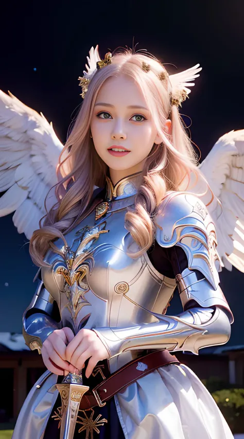 (RAW photo, best quality), (realistic, photo-realistic:1.2), a close up portrait photo,1girl,((holding weapon)),((white angel wings)),Castle, outdoor, smile, (high detailed skin:1.4), Moon, moon light, closer moon, big moon, soft lighting, high quality,fair skin, busty breasts, looking at viewer, straight-on,full body,depth of field,colorful star trails,gothic architecture,photorealistic,oil painting (medium) ,solo,long_hair,pink_hair_grey_eyes,eye contact,standing,tying hai,1girl,silver armor,((holding weapon)),((white angel wings)),feathers,valkyrie, winged helmet,cape ,ornate,smile,extremely detailed,(masterpiece, best quality:1.2),valkyrie,<lora:adventurers_v1:0.6> <lora:japaneseDollLikeness_v10:0.1> <lora:koreanDollLikeness_v15:0.1> <lora:taiwanDollLikeness_v10:0.2>