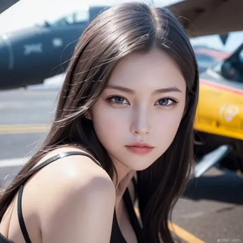 (RAW photo:1.2), (photorealistic:1.4),(masterpiece:1.3),(best quality:1.4),ultra high res,(detailed eyes),HDR,8k, (extreme detailed illustration),1girl, (fighter jet), runway, (full body),  <lora:koreanDollLikeness_v10:0.5>