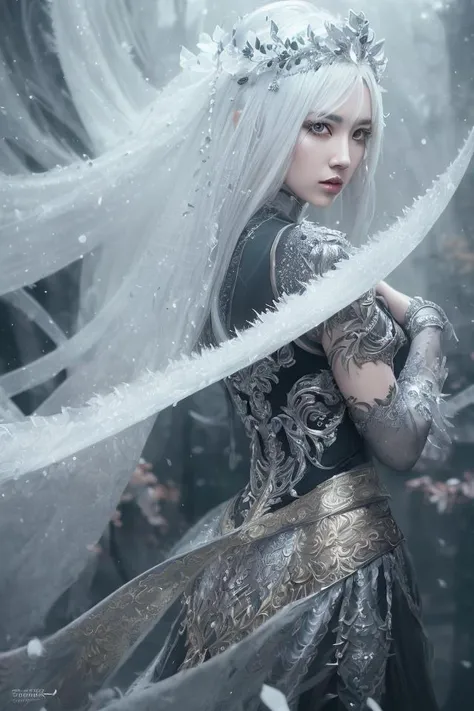 guofeng3.2,full body, walking pose, slow motion, female wearing full body multiple layer (heavy robe:1.2), (silver and silver long skirt with intricate pattern:1.2), gloves, (insanely detailed, bloom:1.5), (highest quality, Alessandro Casagrande, Greg Rutkowski, Sally Mann, concept art, 4k), (analog:1.2), (high sharpness), (detailed pupils:1.1), (painting:1.1), (digital painting:1.1), detailed face and eyes, Masterpiece, best quality, (highly detailed photo:1.1), 8k, photorealistic, (silver hair color, dynamic hairstyle), (pureerosface_v1:0.1), By jeremy mann, by sandra chevrier, by maciej kuciara, sharp, (ripped body:1.1), realistic, real shadow, (ice snow background:1.2), (by Michelangelo), <lora:mermerovdiffusion_Lora300:0.1>,style of ohwx <lora:(style of ohwx) masterpiece, best quality, (extremely detailed CG unity 8k wallpaper, masterpiece, best quality, ultra-detailed, best shadow), (detailed background), (beautiful detailed face, beautiful detailed eyes), High contrast, (best illumination, an extremely delicate and beautiful), (girl:1.5), ((Not relevant.)), ((caustic)), dynamic angle, beautiful detailed glow, (portrait:0.2),dynamic angle, beautiful detailed glow, (portrait:0.2)