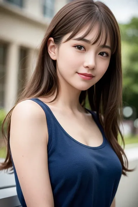 (8k, best quality, masterpiece:1.2), (realistic, photo-realistic:1.37), ultra-detailed, 1 girl,cute, solo,beautiful detailed sky,dating,(nose blush),(smile:1.15),(closed mouth) small breasts,beautiful detailed eyes, (long hair:1.2),floating hair NovaFrogStyle, upper body, tank top