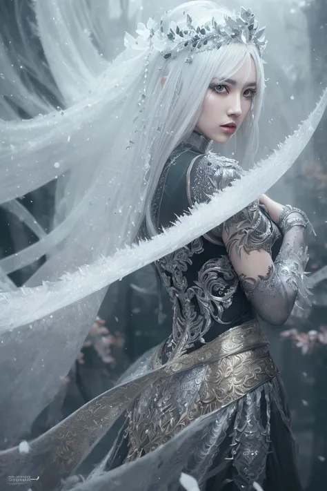 guofeng3.2,full body, walking pose, slow motion, female wearing full body multiple layer (heavy robe:1.2), (silver and silver long skirt with intricate pattern:1.2), gloves, (insanely detailed, bloom:1.5), (highest quality, Alessandro Casagrande, Greg Rutkowski, Sally Mann, concept art, 4k), (analog:1.2), (high sharpness), (detailed pupils:1.1), (painting:1.1), (digital painting:1.1), detailed face and eyes, Masterpiece, best quality, (highly detailed photo:1.1), 8k, photorealistic, (silver hair color, dynamic hairstyle), (pureerosface_v1:0.1), By jeremy mann, by sandra chevrier, by maciej kuciara, sharp, (ripped body:1.1), realistic, real shadow, (ice snow background:1.2), (by Michelangelo), <lora:mermerovdiffusion_Lora300:0.1>,style of ohwx <lora:(style of ohwx) masterpiece, best quality, (extremely detailed CG unity 8k wallpaper, masterpiece, best quality, ultra-detailed, best shadow), (detailed background), (beautiful detailed face, beautiful detailed eyes), High contrast, (best illumination, an extremely delicate and beautiful), (girl:1.5), ((Not relevant.)), ((caustic)), dynamic angle, beautiful detailed glow, (portrait:0.2),dynamic angle, beautiful detailed glow, (portrait:0.2)