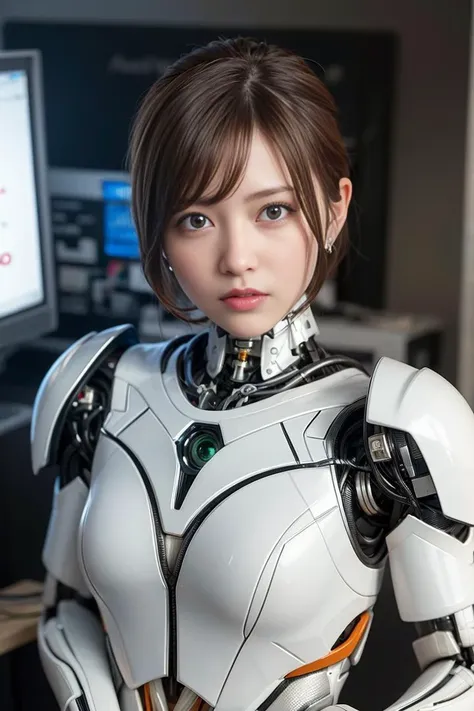 (8k, RAW photo, best quality, masterpiece:1.2), (realistic, photo-realistic:1.37), ultra-detailed, wallpaper, 1girl, cute, look-like (Watanabe-Mayu), detailed face, (cyborg eye), (shag short hair),(complex 3d render ultra detailed of a sci-fi white-iron suit:1.2), (android face:1), (cyborg), (robotic parts), (luxurious cyberpunk), (hyperrealistic), (anatomical), (cable electric wires), (microchip), (robot), (silver halmet), (Sit upright in an office chair), (full-body:1), detailed office, morning, professional lighting, cinematic lighting, photon mapping, radiosity, physically-based rendering, <lora:japaneseDollLikeness_v10:0.5>