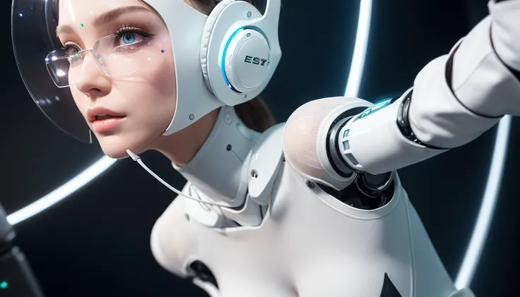 complex 3d render ultra detailed of a beautiful porcelain profile woman android face, cyborg, robotic parts, 150 mm, beautiful studio soft light, vibrant details, luxurious cyberpunk,hyperrealistic, anatomical, facial muscles, cable electric wires, microchip, elegant, octane render, H. R. Giger style, 8k, best quality, masterpiece, illustration, an extremely delicate and beautiful, extremely detailed ,CG ,unity ,wallpaper, (realistic, photo-realistic:1.37),Amazing, finely detail, masterpiece,best quality,extremely detailed CG unity 8k wallpaper, absurdres, incredibly absurdres, robot, silver halmet, full body, sitting,(white ceramic:1.4),(warm rim light:1.6), (headset:1.5), see through, future machine,Electronic equipments,future sense,(mechasuit:1.5), ((full body)), (optical fibers connected to the body:1.5),(mecha suit:1.4)