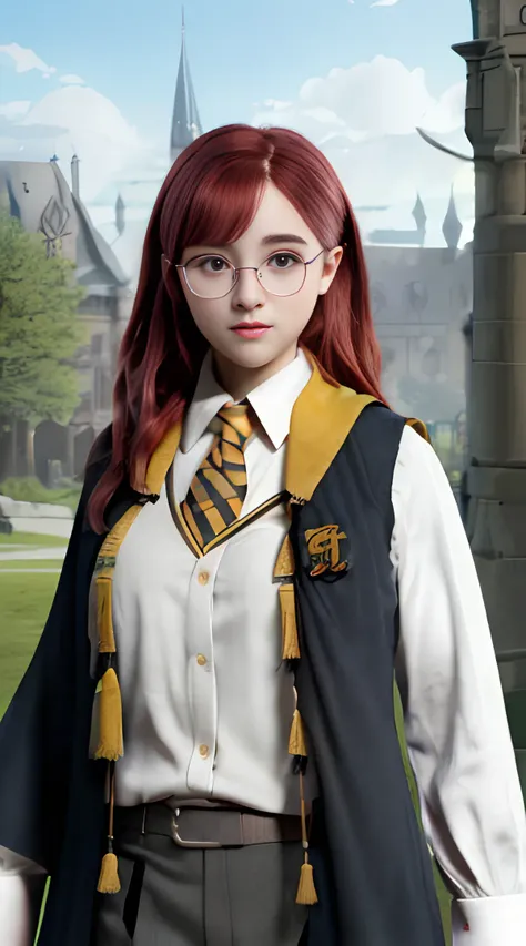 a young woman, epic realistic, photo, faded, complex stuff around,(H0GLEGACYv2),(Hogwarts castle patio),(outside),8K, render,octane, 3D, digital art,very detailed, detailed,ultra realistic, sharp, no blur, edited, corrected, trending,neutral colors, ((((hdr)))), ((((muted colors)))), intricate scene,intricate details, vignette, <lora:japaneseDollLikeness_v10:0.1> <lora:koreanDollLikeness_v15:0.1> <lora:taiwanDollLikeness_v10:0.2> ,hiqcgbody,<lora:hipoly3DModelLora_v10:0.5>,((red hair)),(silver round frame Glasses), <lora:hogwartsUniformLora_weak:1>,hogsks,best quality,red eyes, hogwarts school uniform,((hufflepuff)),black robe,scarf, (:3:0.5), (vest:1.2),outside, snow, black-yellow robe,