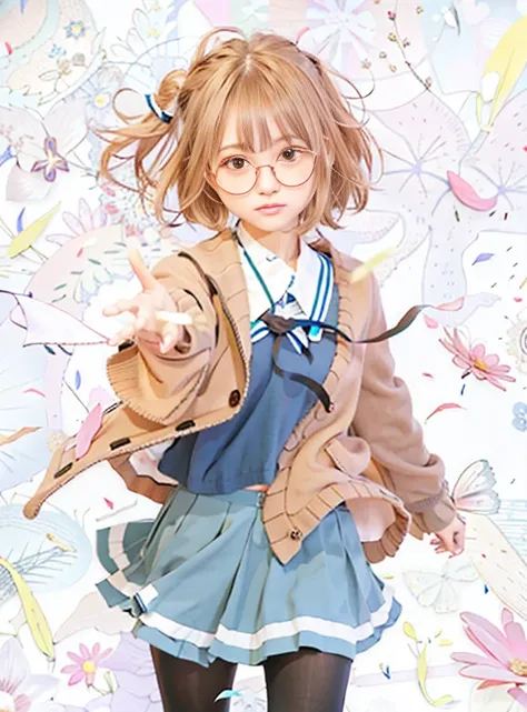 1girl, black_legwear, blue_ribbon, blush, brown_eyes, brown_hair, cardigan, cherry_blossoms, falling_petals, flower, glasses, kuriyama_mirai, lily_\(flower\), looking_at_viewer, open_clothes, outstretched_arm, outstretched_hand, pantyhose, petals, red-framed_eyewear, ribbon, school_uniform, serafuku, short_hair, skirt, smile, solo, white_flower, wind
