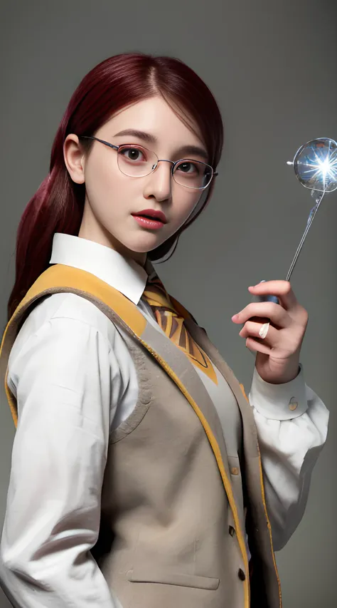 (best quality:1.8),(high quality:1.8),((ultra-detailed)),ultra high res,(masterpiece:1.8),finely detail,highres,8k wallpaper,8k,RAW photo,(photorealistic:1.4),photorealistic,realistic,High detail RAW color photo,ultra high res,HDR,8k resolution,CG,official art,perfect illumination,realistic,finely detail,unity,extremely detailed CG unity 8k wallpaper,ulzzang-6500,(mixed Korean),extremely delicate and beautiful girl,detail face,(detailed facial features),[:(highly detail face: 1.2):0.1],blush face,red eyes,beauutiful detailed eyes,extemely detailed eyes,nice eyes makeup,puffy eyes,eye contact,star eyes, slightly parted lips,beautiful detailed lips,white teeth,a young woman, epic realistic, photo, faded, complex stuff around,(H0GLEGACYv2),(Hogwarts castle patio),(outside),8K, render,octane, 3D, digital art,very detailed, detailed,ultra realistic, sharp, no blur, edited, corrected, trending,neutral colors, ((((hdr)))), ((((muted colors)))), intricate scene,intricate details, vignette, <lora:japaneseDollLikeness_v10:0.1> <lora:koreanDollLikeness_v15:0.2> <lora:taiwanDollLikeness_v10:0.1> ,hiqcgbody,<lora:hipoly3DModelLora_v10:0.5>,((red hair)),(silver round frame Glasses), <lora:hogwartsUniformLora_weak:1>,hogsks,best quality,red eyes, hogwarts school uniform,((hufflepuff)),black robe,scarf, (:3:0.5), (vest:1.2),outside, snow, black-yellow robe,(((holding small magic wand))),(((casting spell))),high fantasy background, action pose, (hands up to 90 degrees), holding a small magic wand, light splash from wand,(spell cast from wand)
