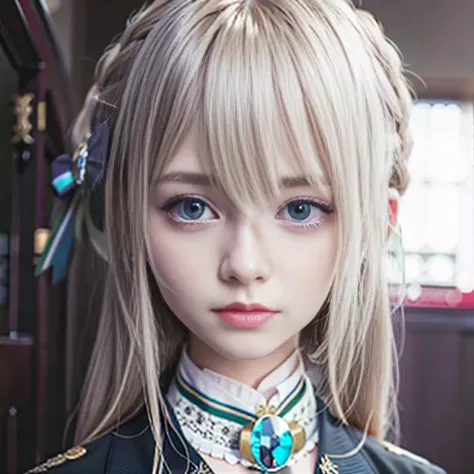 1girl, 18 years old,ascot, bangs, blue_eyes, braid, brooch, eyebrows_visible_through_hair, hair_between_eyes, hair_intakes, long_hair, looking_at_viewer, parted_lips, solo, violet_evergarden