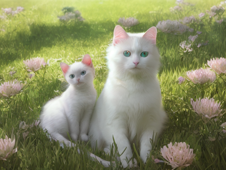 There are two white cats sitting in the grass with pink flowers - SeaArt AI
