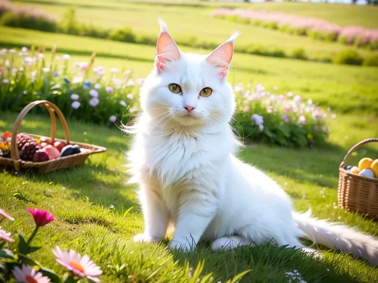 1cat, Maine Coon, Coon Cat, Maine Shag, white cat, cat eyes, light blue eye, Heterochromatic, pupils in a meadow, sit, during the day, sitting on the prairie, long hair, beautiful detailed eyes, extremely detailed eyes and face, light on face, cute, best quality, masterpiece, illustration, an extremely delicate and beautiful, extremely detailed ,CG ,unity ,8k wallpaper, Amazing, finely detail, masterpiece, best quality, official art, extremely detailed CG unity 8k wallpaper, absurdres, incredibly absurdres, huge filesize, ultra-detailed, highres, extremely detailed, (best quality), (realistic, photo-realistic:1.2), 8k, soft lighting, high quality, official art, extremely detailed CG unity 8k wallpaper, cinematic lighting.
