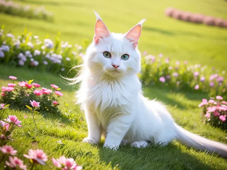 1cat, Maine Coon, Coon Cat, Maine Shag, white cat, cat eyes, light blue eyes, in a meadow, sit, during the day, sitting on the prairie, long hair, beautiful detailed eyes, extremely detailed eyes and face, light on face, cute, best quality, masterpiece, illustration, an extremely delicate and beautiful, extremely detailed ,CG ,unity ,8k wallpaper, Amazing, finely detail, masterpiece, best quality, official art, extremely detailed CG unity 8k wallpaper, absurdres, incredibly absurdres, huge filesize, ultra-detailed, highres, extremely detailed, (best quality), (realistic, photo-realistic:1.2), 8k, soft lighting, high quality, official art, extremely detailed CG unity 8k wallpaper, cinematic lighting.