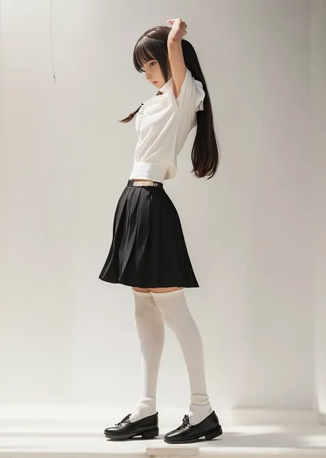 a portrait of sxeyez, Multi-layered outfit,(sailor collar school uniform),shirt, pleated skirt,(black pantyhose), [:(detailed face:1.2):0.2], raw photo, (masterpiece), (best quality), highres, (realistic, photo-realistic:1.2), ultra detailed, physically-based rendering, 1girl, air bangs, long hair, (silvery hair), wavy hair, <lora:japaneseDollLikeness_v10:0.5>,bokeh, deep of field,8k uhd, dslr, soft lighting, high quality, film grain, Fujifilm XT3