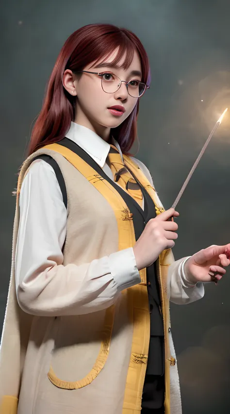(best quality:1.8),(high quality:1.8),((ultra-detailed)),ultra high res,(masterpiece:1.8),finely detail,highres,8k wallpaper,8k,RAW photo,(photorealistic:1.4),photorealistic,realistic,High detail RAW color photo,ultra high res,HDR,8k resolution,CG,official art,perfect illumination,realistic,finely detail,unity,extremely detailed CG unity 8k wallpaper,ulzzang-6500,(mixed Korean),extremely delicate and beautiful girl,detail face,(detailed facial features),[:(highly detail face: 1.2):0.1],blush face,red eyes,beauutiful detailed eyes,extemely detailed eyes,nice eyes makeup,puffy eyes,eye contact,star eyes, slightly parted lips,beautiful detailed lips,white teeth,a young woman, epic realistic, photo, faded, complex stuff around,(H0GLEGACYv2),(Hogwarts castle patio),(outside),8K, render,octane, 3D, digital art,very detailed, detailed,ultra realistic, sharp, no blur, edited, corrected, trending,neutral colors, ((((hdr)))), ((((muted colors)))), intricate scene,intricate details, vignette, <lora:japaneseDollLikeness_v10:0.1> <lora:koreanDollLikeness_v15:0.2> <lora:taiwanDollLikeness_v10:0.1> ,hiqcgbody,<lora:hipoly3DModelLora_v10:0.5>,((red hair)),(silver round frame Glasses), <lora:hogwartsUniformLora_weak:1>,hogsks,best quality,red eyes, hogwarts school uniform,((hufflepuff)),black robe,scarf, (:3:0.5), (vest:1.2),outside, snow, black-yellow robe,(((holding small magic wand))),(((casting spell))),high fantasy background, action pose, (hands up to 90 degrees), holding a small magic wand, light splash from wand,(spell cast from wand)