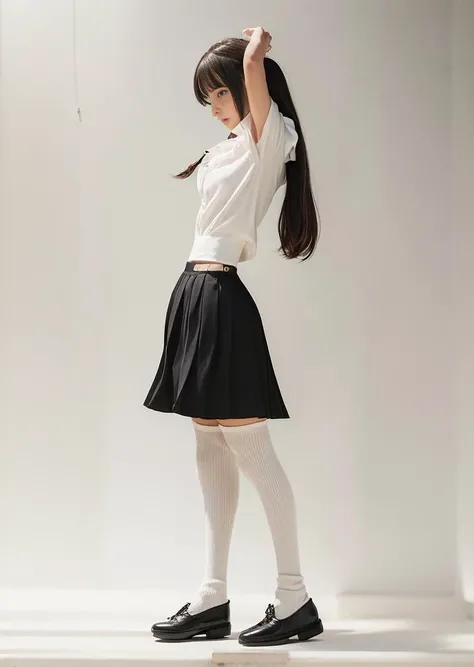 a portrait of sxeyez, Multi-layered outfit,(sailor collar school uniform),shirt, pleated skirt,(black pantyhose), [:(detailed face:1.2):0.2], raw photo, (masterpiece), (best quality), highres, (realistic, photo-realistic:1.2), ultra detailed, physically-based rendering, 1girl, air bangs, long hair, (silvery hair), wavy hair, <lora:japaneseDollLikeness_v10:0.5>,bokeh, deep of field,8k uhd, dslr, soft lighting, high quality, film grain, Fujifilm XT3