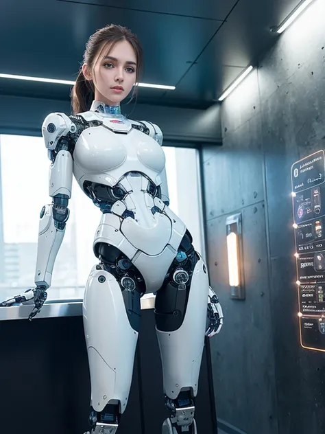 complex 3d render ultra detailed of a beautiful porcelain profile woman android face, clear glass armor, brown hair, ponytail, luminous blue strip, cyborg, robotic parts, (robotic 
trunk:1.5),robotic arms, mechanic legs, look at viewer, 150 mm, soft light, rim light, vibrant details, luxurious cyberpunk, lace, hyperrealistic, anatomical, facial muscles, tight body, cable electric wires, microchip, elegant, beautiful background, octane render, H. R. Giger style, 8k, best quality, masterpiece, illustration, an extremely delicate and beautiful, extremely detailed ,CG ,unity ,wallpaper, (realistic, photo-realistic:1.37),Amazing, finely detail, masterpiece,best quality,official art, extremely detailed CG unity 8k wallpaper, full body, grin, standing, sexy pose, small breasts, futuristic city, round and straight chest,in a space ship,<lora:taiwanDollLikeness_v10:0.3>, <lora:galGadotLora_v10:0.3>,[Emma Watson:Chou Tzu-yu:0.2]