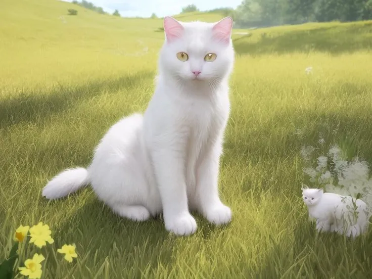 1cat, Maine, white cat, in a meadow, sit, during the day, sitting on the prairie, best quality, masterpiece, illustration, an extremely delicate and beautiful, extremely detailed ,CG ,unity ,8k wallpaper, Amazing, finely detail, masterpiece, best quality, official art, extremely detailed CG unity 8k wallpaper, absurdres, incredibly absurdres, huge filesize, ultra-detailed, highres, extremely detailed, (best quality), (realistic, photo-realistic:1.2), 8k, soft lighting, high quality, official art, extremely detailed CG unity 8k wallpaper, cinematic lighting.