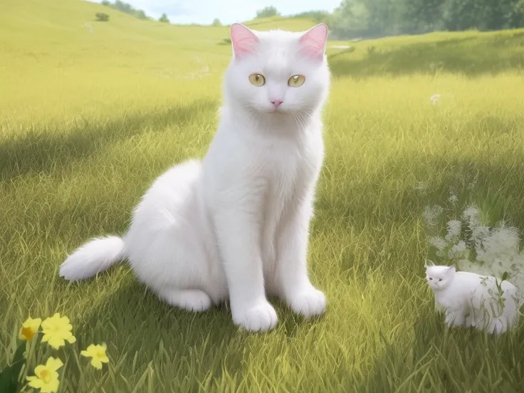 1cat, Maine, white cat, in a meadow, sit, during the day, sitting on the prairie, best quality, masterpiece, illustration, an extremely delicate and beautiful, extremely detailed ,CG ,unity ,8k wallpaper, Amazing, finely detail, masterpiece, best quality, official art, extremely detailed CG unity 8k wallpaper, absurdres, incredibly absurdres, huge filesize, ultra-detailed, highres, extremely detailed, (best quality), (realistic, photo-realistic:1.2), 8k, soft lighting, high quality, official art, extremely detailed CG unity 8k wallpaper, cinematic lighting.