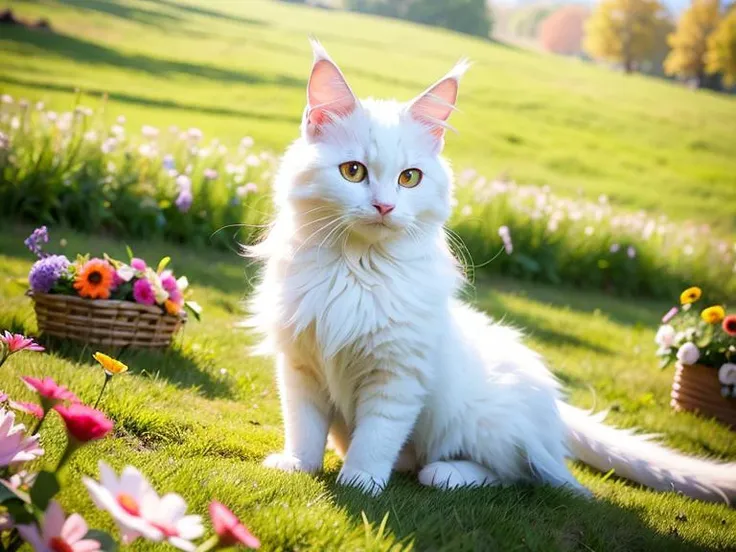 1cat, Maine Coon, Coon Cat, Maine Shag, white cat, cat eyes, snake eyes, different eye colors, light blue eye, Heterochromatic, pupils in a meadow, sit, during the day, sitting on the prairie, long hair, beautiful detailed eyes, extremely detailed eyes and face, light on face, cute, best quality, masterpiece, illustration, an extremely delicate and beautiful, extremely detailed ,CG ,unity ,8k wallpaper, Amazing, finely detail, masterpiece, best quality, official art, extremely detailed CG unity 8k wallpaper, absurdres, incredibly absurdres, huge filesize, ultra-detailed, highres, extremely detailed, (best quality), (realistic, photo-realistic:1.2), 8k, soft lighting, high quality, official art, extremely detailed CG unity 8k wallpaper, cinematic lighting.
