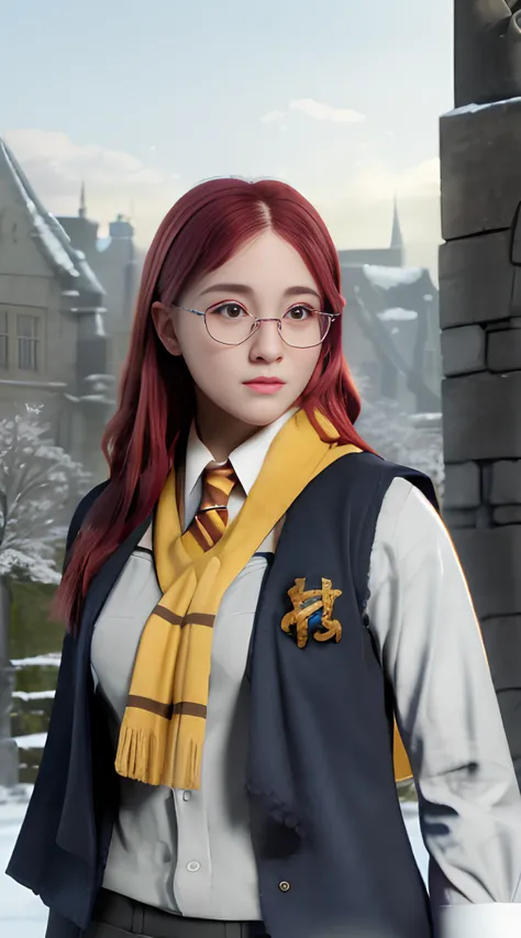 a young woman, epic realistic, photo, faded, complex stuff around,(H0GLEGACYv2),(Hogwarts castle patio),(outside),8K, render,octane, 3D, digital art,very detailed, detailed,ultra realistic, sharp, no blur, edited, corrected, trending,neutral colors, ((((hdr)))), ((((muted colors)))), intricate scene,intricate details, vignette, <lora:japaneseDollLikeness_v10:0.1> <lora:koreanDollLikeness_v15:0.1> <lora:taiwanDollLikeness_v10:0.2> ,hiqcgbody,<lora:hipoly3DModelLora_v10:0.5>,((red hair)),(silver round frame Glasses), <lora:hogwartsUniformLora_weak:1>,hogsks,best quality,red eyes, hogwarts school uniform,((hufflepuff)),black robe,scarf, (:3:0.5), (vest:1.2),outside, snow, black-yellow robe,