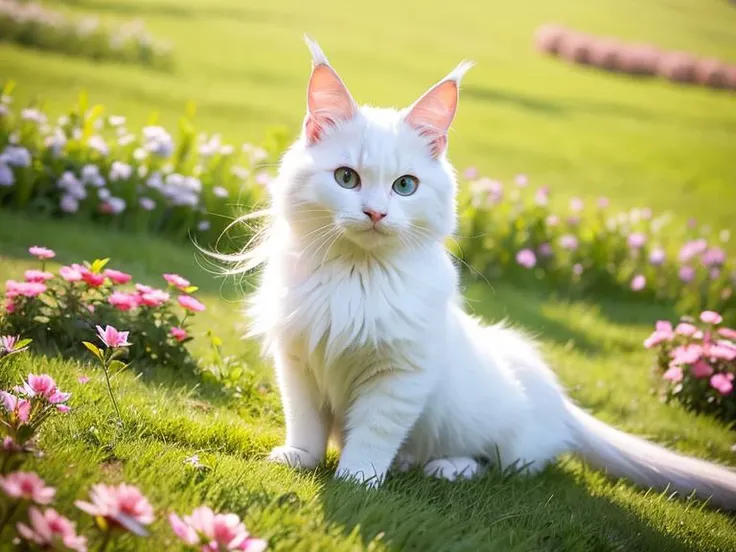 1cat, Maine Coon, Coon Cat, Maine Shag, white cat, cat eyes, light blue eyes, in a meadow, sit, during the day, sitting on the prairie, long hair, beautiful detailed eyes, extremely detailed eyes and face, light on face, cute, best quality, masterpiece, illustration, an extremely delicate and beautiful, extremely detailed ,CG ,unity ,8k wallpaper, Amazing, finely detail, masterpiece, best quality, official art, extremely detailed CG unity 8k wallpaper, absurdres, incredibly absurdres, huge filesize, ultra-detailed, highres, extremely detailed, (best quality), (realistic, photo-realistic:1.2), 8k, soft lighting, high quality, official art, extremely detailed CG unity 8k wallpaper, cinematic lighting.