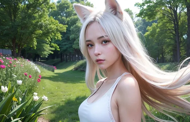 An 18-year-old girl with fox ears, lovable, white fox, fox eyes, running, during the day, bright Sunshine, running on the grassland full of flowers, filled with beautiful flowers, long hair, sparkling hair, beautiful detailed eyes, extremely detailed eyes and face, light on face, lovely, best quality, masterpiece, illustration, an extremely delicate and beautiful, extremely detailed ,CG ,unity ,8k wallpaper, Amazing, finely detail, masterpiece, best quality, official art, extremely detailed CG unity 8k wallpaper, ultra-detailed, highres, extremely detailed, (best quality), (realistic, photo-realistic:1.2), 8k, soft lighting, high quality, official art, extremely detailed CG unity 8k wallpaper, cinematic lighting.