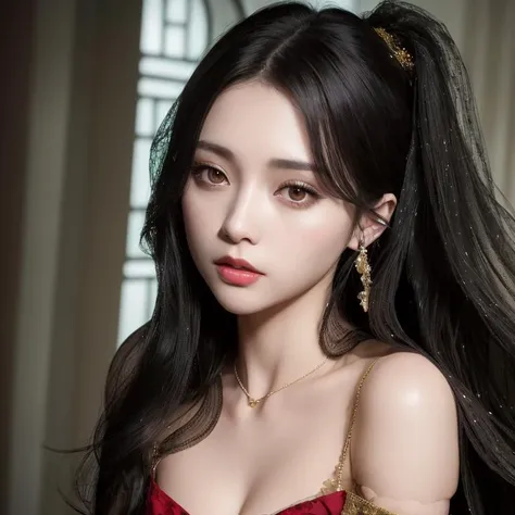portrait of YA, (raw photo:1.2), small breast, collar bone, sexy, seductive, unparalleled masterpiece, ultra realistic 8k CG, perfect artwork, ((perfect female figure)), black hair, red eyes, mature female, milf, arms behind head, narrow waist, chinese deity, looking at viewer, seductive posture, sexy pose, alluring, clean, beautiful face, pure face, pale skin, absurdly long hair, (small breasts), shiny skin, skindentation, lace, lace trim, lace-trimmed legwear, delicate pattern, intricate detail, prestige, gorgeous, luxury, royal palace, jewelry, gem, solo girl, small breast, spatial saggy, small chest, choker,