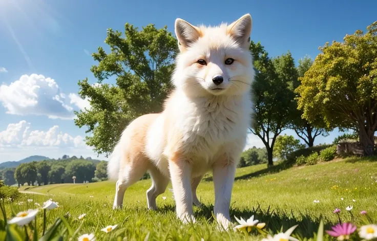 1 fox, lovable, white fox, fox eyes, running, during the day, running on the grassland full of flowers, filled with beautiful flowers, long hair, beautiful detailed eyes, extremely detailed eyes and face, light on face, lovely, best quality, masterpiece, illustration, an extremely delicate and beautiful, extremely detailed ,CG ,unity ,8k wallpaper, Amazing, finely detail, masterpiece, best quality, official art, extremely detailed CG unity 8k wallpaper, ultra-detailed, highres, extremely detailed, (best quality), (realistic, photo-realistic:1.2), 8k, soft lighting, high quality, official art, extremely detailed CG unity 8k wallpaper, cinematic lighting.
