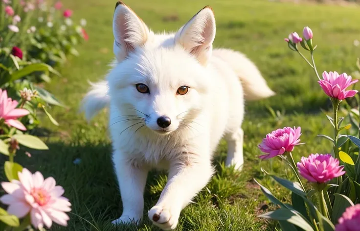 1 fox, lovable, white fox, fox eyes, running, during the day, running on the grassland full of flowers, filled with beautiful flowers, long hair, beautiful detailed eyes, extremely detailed eyes and face, light on face, lovely, best quality, masterpiece, illustration, an extremely delicate and beautiful, extremely detailed ,CG ,unity ,8k wallpaper, Amazing, finely detail, masterpiece, best quality, official art, extremely detailed CG unity 8k wallpaper, ultra-detailed, highres, extremely detailed, (best quality), (realistic, photo-realistic:1.2), 8k, soft lighting, high quality, official art, extremely detailed CG unity 8k wallpaper, cinematic lighting.