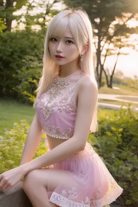 masterpiece, best quality, modelshoot style, a beutiful portrait of a cute girl with platinum blonde hair, transparent pink shirt, yellow skirt, sandals, intricate detailed, 8k resolution <lora:japaneseDollLikeness_v10:0.4>, bangs, hair ornament, tank top, sunset,