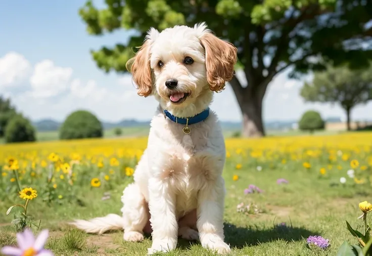 1teddy Dog, poodle, Bichon frise, lovable, yellow dog, full body champagne dog hair, dog eyes, light blue eye, sit, during the day, sitting on the prairie, filled with beautiful flowers, long hair, beautiful detailed eyes, extremely detailed eyes and face, light on face, cute, best quality, masterpiece, illustration, an extremely delicate and beautiful, extremely detailed ,CG ,unity ,8k wallpaper, Amazing, finely detail, masterpiece, best quality, official art, extremely detailed CG unity 8k wallpaper, ultra-detailed, highres, extremely detailed, (best quality), (realistic, photo-realistic:1.2), 8k, soft lighting, high quality, official art, extremely detailed CG unity 8k wallpaper, cinematic lighting.