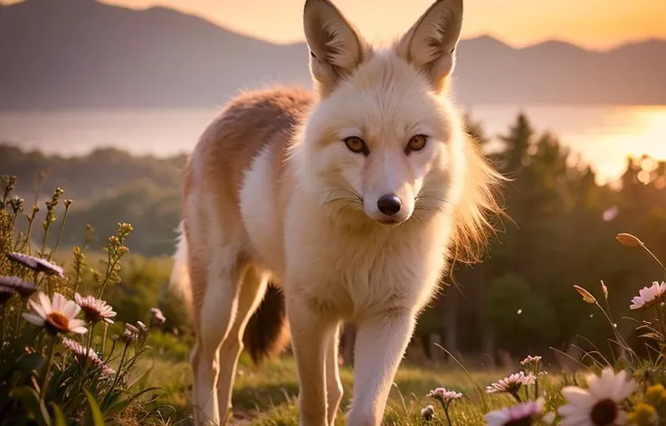An 18-year-old girl with fox ears, lovable, white fox, fox eyes, running, during the day, bright Sunshine, running on the grassland full of flowers, filled with beautiful flowers, long hair, sparkling hair, beautiful detailed eyes, extremely detailed eyes and face, light on face, lovely, best quality, masterpiece, illustration, an extremely delicate and beautiful, extremely detailed ,CG ,unity ,8k wallpaper, Amazing, finely detail, masterpiece, best quality, official art, extremely detailed CG unity 8k wallpaper, ultra-detailed, highres, extremely detailed, (best quality), (realistic, photo-realistic:1.2), 8k, soft lighting, high quality, official art, extremely detailed CG unity 8k wallpaper, cinematic lighting.