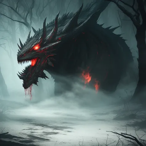 demon, sharp teeth, scary, horrifying, terrible, ((blood)), gore, dark forest, gloomy, dim lighting, flawless, beautiful, masterpiece, 8k, ray tracing, flying, lightning, red, (cinematic), painting, ((horror)), (monster: 2.0), terrifying, reflective, cinematic lighting, octane render, (((creature))), ((dragon)), ((dark forest)), (((kentaro miura))), dark, dark lighting, fire