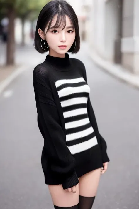 (Best quality details:1.2),realistic,8K UHD,High definition,(1girl:1.2),Ultra Detailed,High quality texture,intricate details,detailed texture,finely detailed,high detail,extremely detailed cg,High quality shadow,Detailed beautiful delicate face,Detailed beautiful delicate eyes,Depth of field,Ray tracing,(a beautiful 22 age years old sexy korean woman:1),(Pretty girl,korean mixed),small breast, tall_female, beautiful_legs, blush, glossy lips, skinny, (black sweater :1.4), (open nylon short coat:1.3),(stripes skirt :1.3), (pantyhose, stockings:1.1), (bob cut:1.1), street, sunlight, standing, earrings,necklace, looking at viewer, (happy smile:1.1), from front, dynamic pose, mole under eye, full_body:1.1,