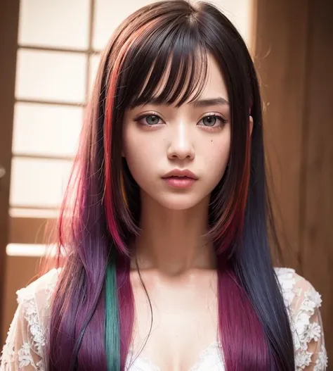 multicoloredHairBeauty, best quality, masterpiece, illustration, an extremely delicate and beautiful, extremely detailed, CG, unity, 8k wallpaper, amazing, finely detailed, masterpiece, best quality, extremely detailed CG unity 8k wallpaper, absurdres, incredibly absurdres, huge filesize, ultra-detailed, highres, extremely detailed, beautiful detailed girl, extremely detailed eyes and face, beautiful detailed eyes, light on face, 1girl, looking at viewer, photorealistic, realistic, solo, photorealistic, best quality, extremely detailed face, extremely detailed eyes and face, beautiful detailed eyes, absurdres, incredibly absurdres, floating hair, vibrant colors, unique hair colors, vivid hair colors, colorful hair, stunning, mesmerizing