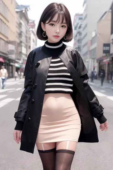 (Best quality details:1.2),realistic,8K UHD,High definition,(1girl:1.2),Ultra Detailed,High quality texture,intricate details,detailed texture,finely detailed,high detail,extremely detailed cg,High quality shadow,Detailed beautiful delicate face,Detailed beautiful delicate eyes,Depth of field,Ray tracing,(a beautiful 22 age years old sexy korean woman:1),(Pretty girl,korean mixed),small breast, tall_female, beautiful_legs, blush, glossy lips, skinny, (black sweater :1.4), (open nylon trench coat:1.3),(stripes skirt :1.3), (pantyhose, stockings:1.1), (bob cut:1.1), street, sunlight, standing, earrings,necklace, looking at viewer, (happy smile:1.1), from front, dynamic pose, mole under eye, full_body:1.1,
