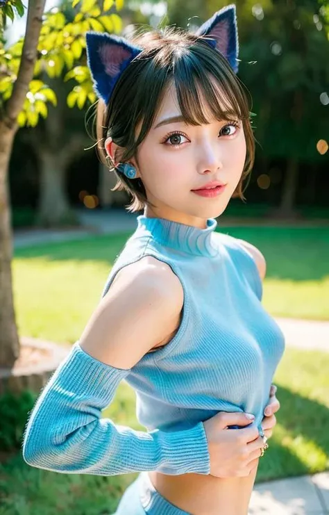 masterpiece,best quality,official art,extremely detailed CG unity 8k wallpaper,1girl, ultra high res, (photorealistic:1.4), ,golden hour lighting, sweater dress,(upper body), (Kpop idol), (aegyo sal:1), (platinum short hair:0.8), ((puffy eyes)), looking at viewer, facing front, smiling, laughing,small breasts,  breasts,,shirtlift, <lora:shirtliftALORAFor_shirtliftv1:0.5>, <lora:Japanese-doll-likeness:0.5> ,<lora:Korean-doll-likeness:0.1> ,gloves,short hair, ( blue dog ears),