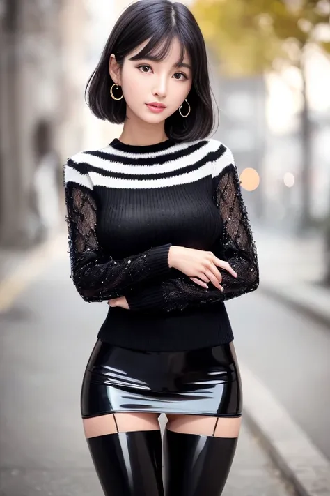 (Best quality details:1.2),realistic,8K UHD,High definition,(1girl:1.2),Ultra Detailed,High quality texture,intricate details,detailed texture,finely detailed,high detail,extremely detailed cg,High quality shadow,Detailed beautiful delicate face,Detailed beautiful delicate eyes,Depth of field,Ray tracing,(a beautiful 22 age years old sexy korean woman:1),(Pretty girl,korean mixed),small breast, tall_female, beautiful_legs, blush, glossy lips, skinny, (black sweater :1.4), (open latex coat :1.3),(stripes skirt :1.3), (pantyhose, stockings:1.1), (bob cut:1.1), street, sunlight, standing, earrings,necklace, looking at viewer, (happy smile:1.1), from front, dynamic pose, mole under eye, full_body:1.1,