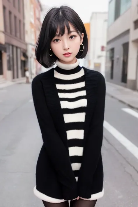 (Best quality details:1.2),realistic,8K UHD,High definition,(1girl:1.2),Ultra Detailed,High quality texture,intricate details,detailed texture,finely detailed,high detail,extremely detailed cg,High quality shadow,Detailed beautiful delicate face,Detailed beautiful delicate eyes,Depth of field,Ray tracing,(a beautiful 22 age years old sexy korean woman:1),(Pretty girl,korean mixed),small breast, tall_female, beautiful_legs, blush, glossy lips, skinny, (black sweater :1.4), (open wool coat :1.3),(stripes skirt :1.3), (pantyhose, stockings:1.1), (bob cut:1.1), street, sunlight, standing, earrings,necklace, looking at viewer, (happy smile:1.1), from front, dynamic pose, mole under eye, full_body:1.1,