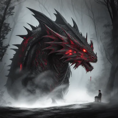 demon, sharp teeth, scary, horrifying, terrible, ((blood)), gore, dark forest, gloomy, dim lighting, flawless, beautiful, masterpiece, 8k, ray tracing, flying, lightning, red, (cinematic), painting, ((horror)), (monster: 2.0), terrifying, reflective, cinematic lighting, octane render, (((creature))), ((dragon)), ((dark forest)), (((kentaro miura))), dark, dark lighting, fire, (((man sitting on a rock)))