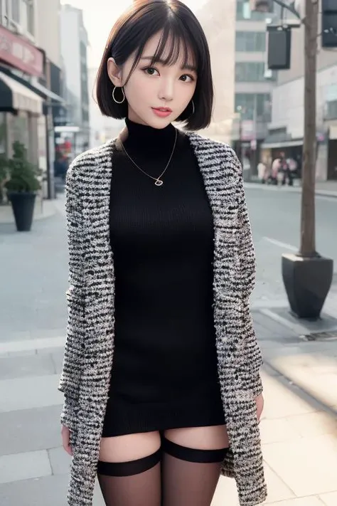 (Best quality details:1.2),realistic,8K UHD,High definition,(1girl:1.2),Ultra Detailed,High quality texture,intricate details,detailed texture,finely detailed,high detail,extremely detailed cg,High quality shadow,Detailed beautiful delicate face,Detailed beautiful delicate eyes,Depth of field,Ray tracing,(a beautiful 22 age years old sexy korean woman:1),(Pretty girl,korean mixed),small breast, tall_female, beautiful_legs, blush, glossy lips, skinny, (black sweater :1.4), (open checkered coat :1.3),(stripes skirt :1.3), (pantyhose, stockings:1.1), (bob cut:1.1), street, sunlight, standing, earrings,necklace, looking at viewer, (happy smile:1.1), from front, dynamic pose, mole under eye, full_body:1.1,