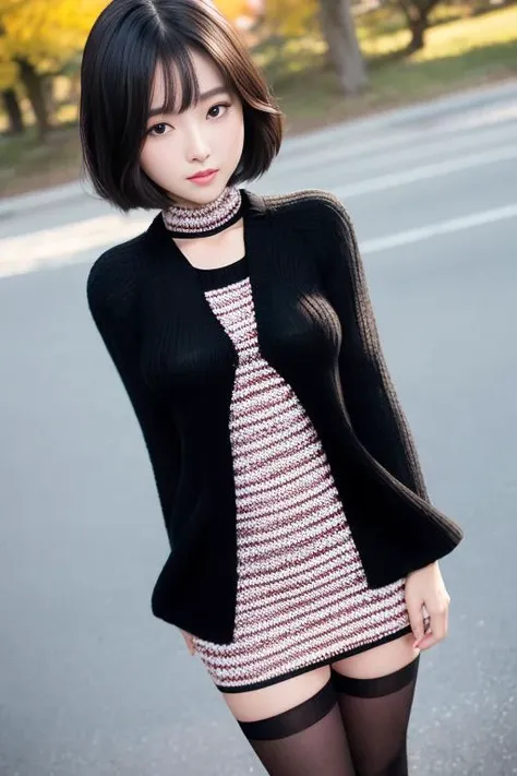(Best quality details:1.2),realistic,8K UHD,High definition,(1girl:1.2),Ultra Detailed,High quality texture,intricate details,detailed texture,finely detailed,high detail,extremely detailed cg,High quality shadow,Detailed beautiful delicate face,Detailed beautiful delicate eyes,Depth of field,Ray tracing,(a beautiful 22 age years old sexy korean woman:1),(Pretty girl,korean mixed),small breast, tall_female, beautiful_legs, blush, glossy lips, skinny, (black sweater :1.4), (open checkered coat :1.3),(stripes skirt :1.3), (pantyhose, stockings:1.1), (bob cut:1.1), street, sunlight, standing, earrings,necklace, looking at viewer, (happy smile:1.1), from front, dynamic pose, mole under eye, full_body:1.1,