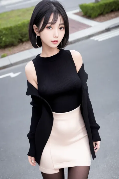 (Best quality details:1.2),realistic,8K UHD,High definition,(1girl:1.2),Ultra Detailed,High quality texture,intricate details,detailed texture,finely detailed,high detail,extremely detailed cg,High quality shadow,Detailed beautiful delicate face,Detailed beautiful delicate eyes,Depth of field,Ray tracing,(a beautiful 22 age years old sexy korean woman:1),(Pretty girl,korean mixed),small breast, tall_female, beautiful_legs, blush, glossy lips, skinny, (black sweater :1.4), (open linen short coat:1.3),(stripes skirt :1.3), (pantyhose, stockings:1.1), (bob cut:1.1), street, sunlight, standing, earrings,necklace, looking at viewer, (happy smile:1.1), from front, dynamic pose, mole under eye, full_body:1.1, bare shoulder