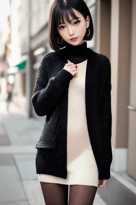(Best quality details:1.2),realistic,8K UHD,High definition,(1girl:1.2),Ultra Detailed,High quality texture,intricate details,detailed texture,finely detailed,high detail,extremely detailed cg,High quality shadow,Detailed beautiful delicate face,Detailed beautiful delicate eyes,Depth of field,Ray tracing,(a beautiful 22 age years old sexy korean woman:1),(Pretty girl,korean mixed),small breast, tall_female, beautiful_legs, blush, glossy lips, skinny, (black sweater :1.4), (open checkered coat :1.3),(stripes skirt :1.3), (pantyhose, stockings:1.1), (bob cut:1.1), street, sunlight, standing, earrings,necklace, looking at viewer, (happy smile:1.1), from front, dynamic pose, mole under eye, full_body:1.1,