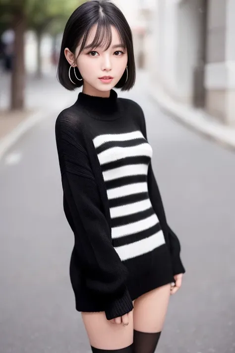 (Best quality details:1.2),realistic,8K UHD,High definition,(1girl:1.2),Ultra Detailed,High quality texture,intricate details,detailed texture,finely detailed,high detail,extremely detailed cg,High quality shadow,Detailed beautiful delicate face,Detailed beautiful delicate eyes,Depth of field,Ray tracing,(a beautiful 22 age years old sexy korean woman:1),(Pretty girl,korean mixed),small breast, tall_female, beautiful_legs, blush, glossy lips, skinny, (black sweater :1.4), (open nylon short coat:1.3),(stripes skirt :1.3), (pantyhose, stockings:1.1), (bob cut:1.1), street, sunlight, standing, earrings,necklace, looking at viewer, (happy smile:1.1), from front, dynamic pose, mole under eye, full_body:1.1,